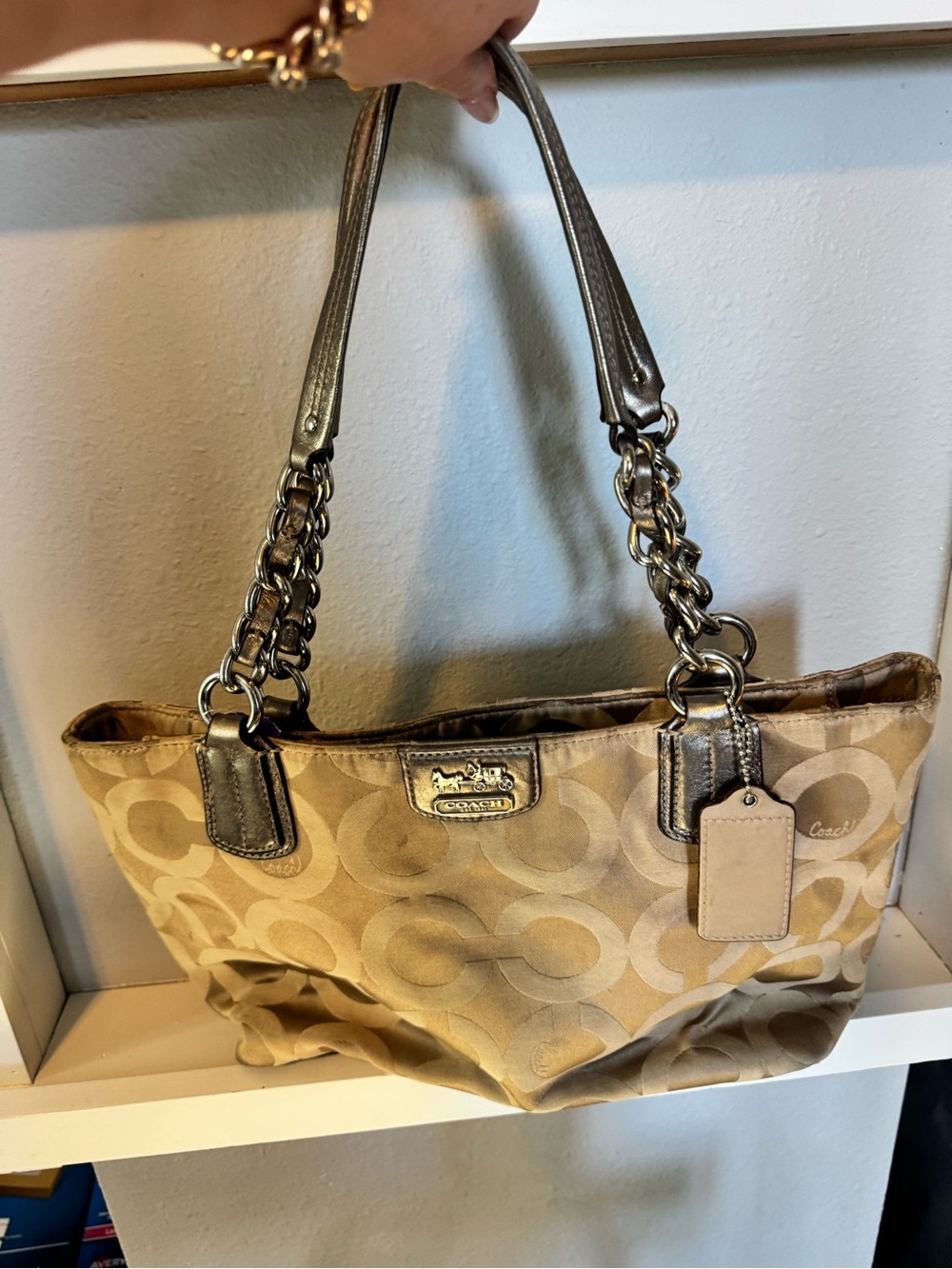 Coach Tan and Metallic Gold Signature Chain-Handle Tote